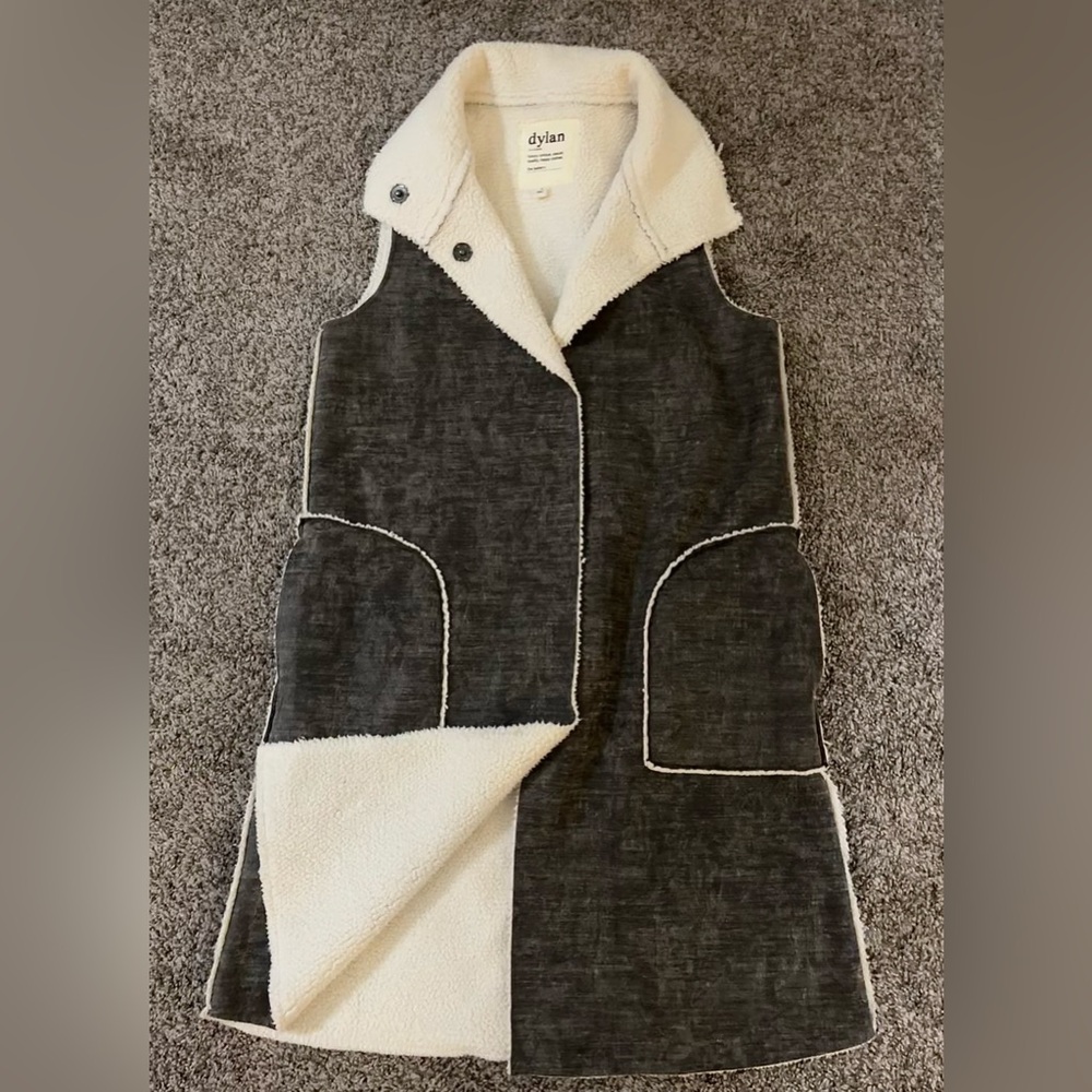 Dylan Los Angeles faux fur shearling lined long vest with pockets in dark grey.